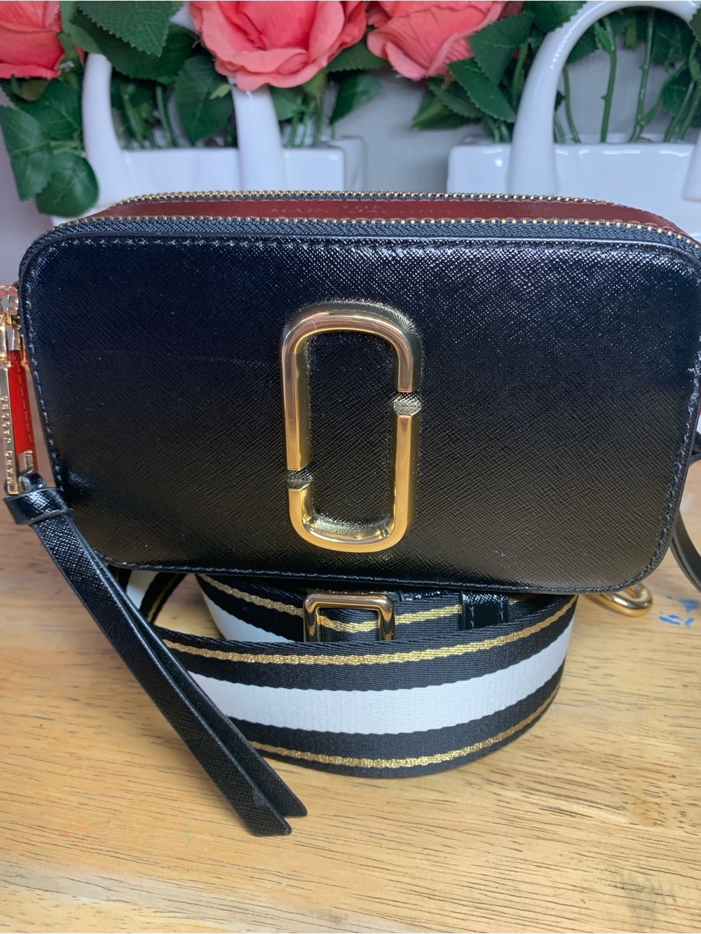 Marc Jacobs Black and Red Leather Snapshot Crossbody with Gold Hardware